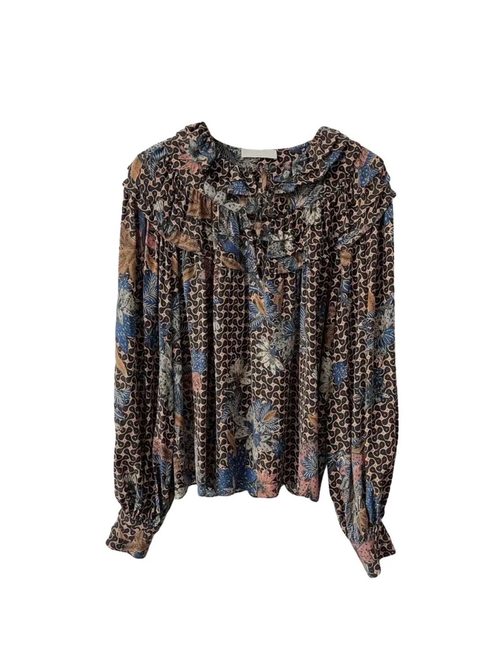 Ulla Johnson Aria Silk Floral Ruffle Blouse - Size 10- Boho Chic